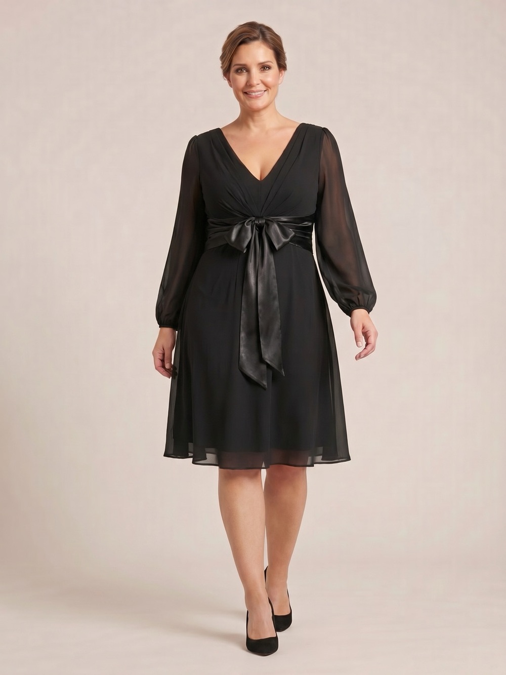 SL Fashions Black V-Neck Long Sleeve Tie-Waist Midi Dress